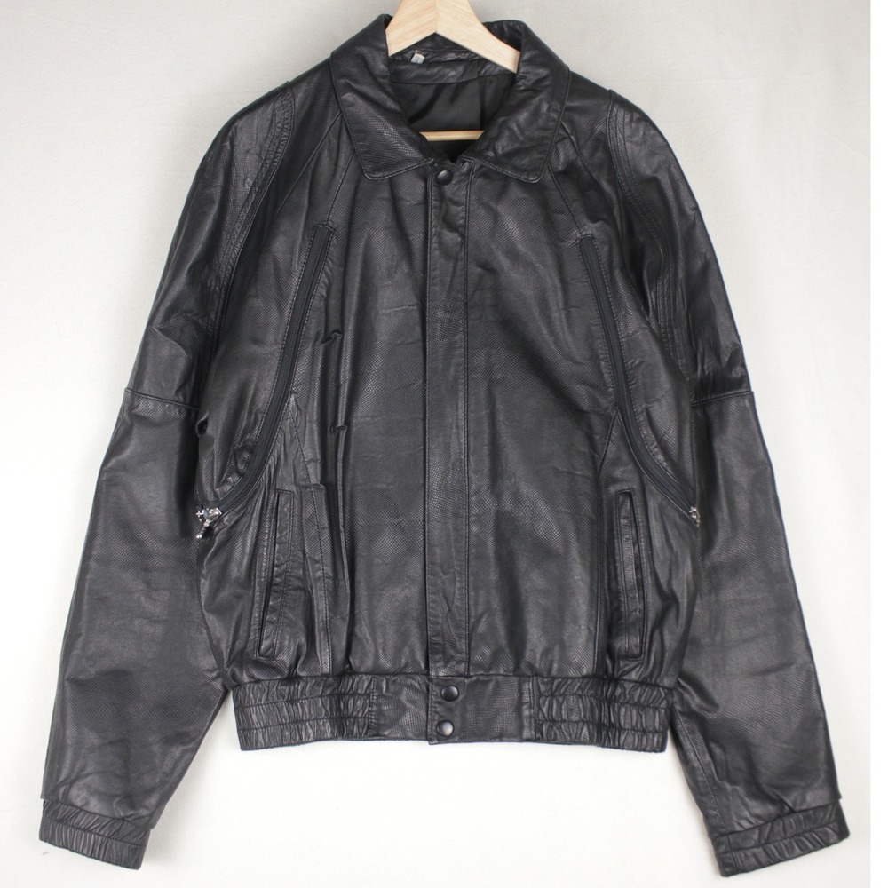 Korean Leather Bomber Jacket Mens 40 Black Blue Zip Gusset Y2K Dadcore Coat